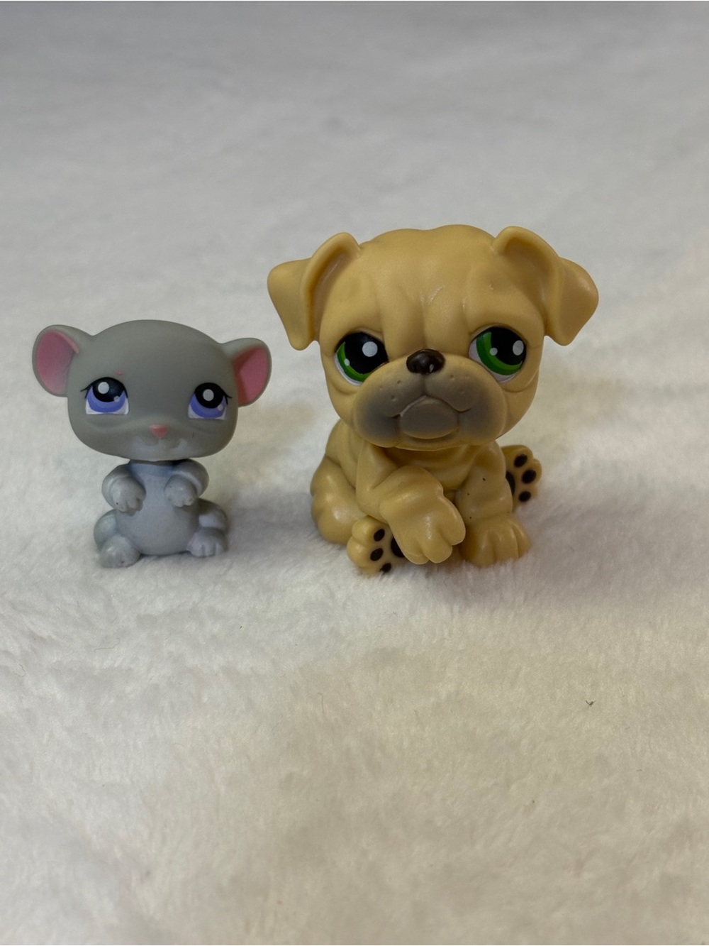 Littlest Pet Shop Tan Puppy #107 Gray Mouse #105 Figures w Green & Purple Eyes